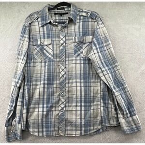 CJ Black Shirt Mens Large Slim Fit Blue Tan Plaid Pearl Snaps Button Up Western